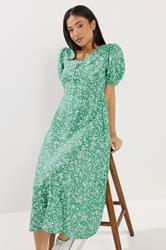 M&Co Petite Green Ditsy Floral Puff Sleeve Dress | M&Co  1