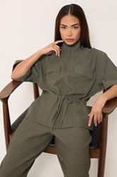 PixieGirl Petite Women's Khaki Green Funnel Neck Shacket | PixieGirl 3