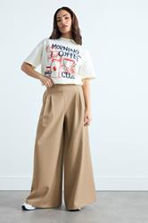 PixieGirl Petite Women's Natural Brown Pleat Front Palazzo Trousers | PixieGirl 3