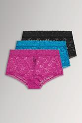 Set van drie paar tailleslips van bloemenkant in roze/blauw