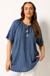 YOURS Plus Size Navy Blue Stripe Notch Neck Embroidered Blouse | Yours Clothing 3