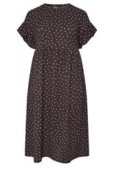 YOURS Curve Chocolate Brown Polka Dot Frill Sleeve Midi Dress