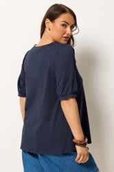 YOURS Plus Size Navy Blue Button Front Puff Sleeve Top | Yours Clothing  2