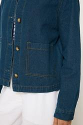 PixieGirl Petite Women's Indigo Blue Collarless Denim Jacket | PixieGirl 4