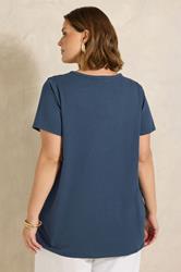 EVANS Plus Size Navy Blue Short Sleeve Cotton Henley Top | Evans 2