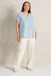EVANS Plus Size Blue Broderie Short Sleeve Shirt | Evans 2