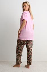 YOURS Plus Size Pink 'Cherry Sweet Dreams' Leopard Pyjama Set | Yours Clothing 2