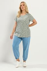 YOURSET 2 PACK Plus Size Sage Green & Pink Ditsy Floral T-Shirts | Yours Clothing 2