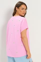 YOURS Plus Size Light Pink Embroidered Daisy T-Shirt | Yours Clothing 2