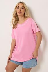 YOURS Plus Size Pink Embroidered Cold Shoulder T-Shirt | Yours Clothing 3