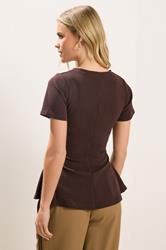 PixieGirl Petite Women's Chocolate Brown Cotton Cinched Waist Top | PixieGirl 2