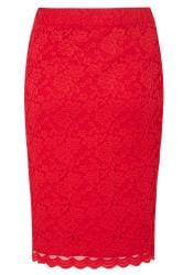 YOURS LONDON Red Stretch Lace Pencil Skirt With Scalloped Hem, plus ...