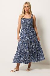 YOURS Plus Size Blue Ditsy Floral Shirred Midi Dress | Yours Clothing 1