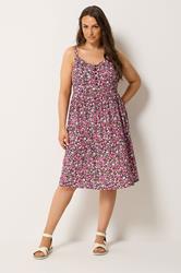 YOURS Plus Size Pink Ditsy Floral Strappy Midi Sundress | Yours Clothing 1