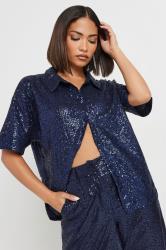 PixieGirl Petite Women's Navy Blue Sequin Embellished Short Sleeve Shirt | PixieGirl 4