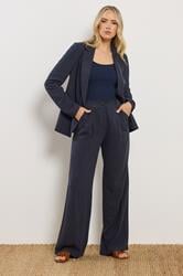LTS Tall Women's Navy Blue Linen Pleated Wide Leg Trousers | Long Tall Sally 3