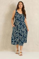 EVANS Plus Size Navy Blue Leaf Print Tie Waist Sundress | Evans 3