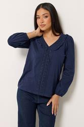 M&Co Petite Navy Blue Frill Cotton Blouse | M&Co 3
