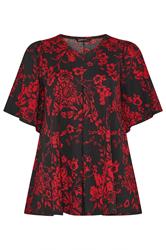 YOURS Plus Size Black & Red Floral Pleat Front Top | Yours Clothing 5