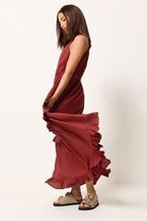 PixieGirl Petite Women's Red Halter Neck Tiered Maxi Dress | PixieGirl 1