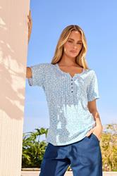 M&Co Blue Floral Short Sleeve Cotton Henley Top | M&Co 3