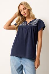 M&Co Navy Blue Embroidered Cotton Notch Neck Top | M&Co 3