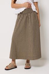 PixieGirl Petite Women's Brown Gingham Cotton Shirred Maxi Skirt | PixieGirl 1