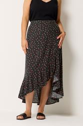 YOURS Plus Size Black Ditsy Floral Ruffle Skirt | Yours Clothing 1