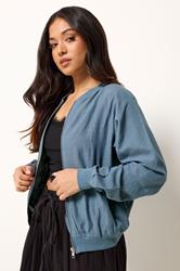 PixieGirl Petite Women's Blue Linen Bomber Jacket | PixieGirl 3