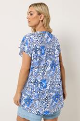 YOURS Plus Size Blue Mosaic Print T-Shirt | Yours Clothing 2