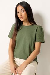 M&Co Petite Khaki Green Embroidered Sleeve Cotton T-Shirt | M&Co 3