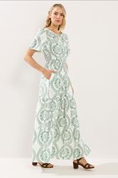 LTS Tall Women's Green & White Leaf Print Linen Maxi Dress | Long Tall Sally 1
