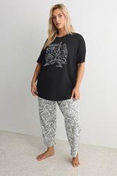 YOURS Plus Size Black 'Breakfast Club' Wide Leg Pyjama Set | Yours Clothing 1