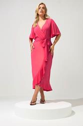 YOURS LONDON Plus Size Hot Pink Short Sleeve Ruffle Wrap Maxi Dress | Yours Clothing 1