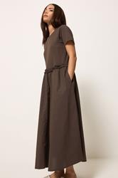 PixieGirl Petite Women's Chocolate Brown Mixed Ruffle Cotton Midi Dress | PixieGirl  1