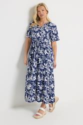 M&Co Blue Leaf Print Notch Neck Cotton Maxi Dress | M&Co 1