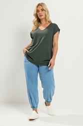YOURS Plus Size Khaki Green V Neckline T-Shirt | Yours Clothing 1