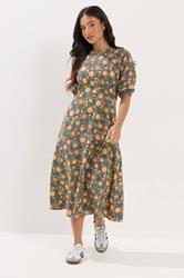 PixieGirl Petite Women's Forest Green Floral Midi Dress | PixieGirl 1