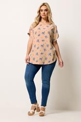 YOURS Plus Size Pink Floral Tab Sleeve Top | Yours Clothing 1