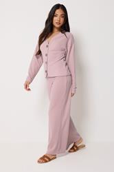 PixieGirl Petite Women's Light Pink Ribbed Wide Leg Trousers | PixieGirl 3