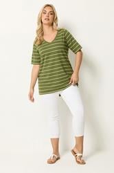YOURS Plus Size Khaki Green Stripe T-Shirt | Yours Clothing 1
