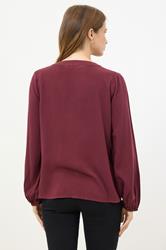 M&Co Berry Red Button Front Long Sleeve Blouse | M&Co 2