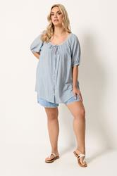 YOURS Plus Size Blue Stripe Print Puff Sleeve Blouse | Yours Clothing 1