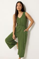 M&Co Petite Khaki Green Cotton Sleeveless Jumpsuit | M&Co 1