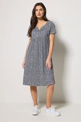M&Co Navy Blue Ditsy Floral Henley Cotton Midi Dress | M&Co 1