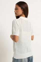 PixieGirl Petite Women's Ivory White Crochet Polo Top | PixieGirl 2
