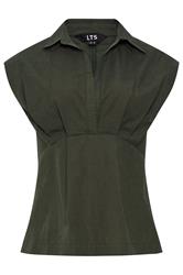 LTS Tall Olive Green Open Collar Cotton Pleated Shirt