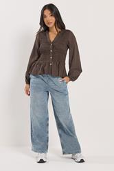 PixieGirl Petite Women's Chocolate Brown Shirred Long Sleeve Shirt | PixieGirl 1