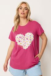 YOURS Plus Size Dark Pink Daisy Heart Print T-Shirt | Yours Clothing 3