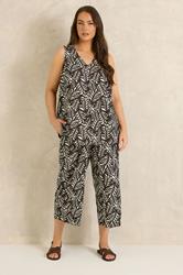 EVANS Plus Size Brown Leaf Print Linen Cropped Trousers | Evans 4